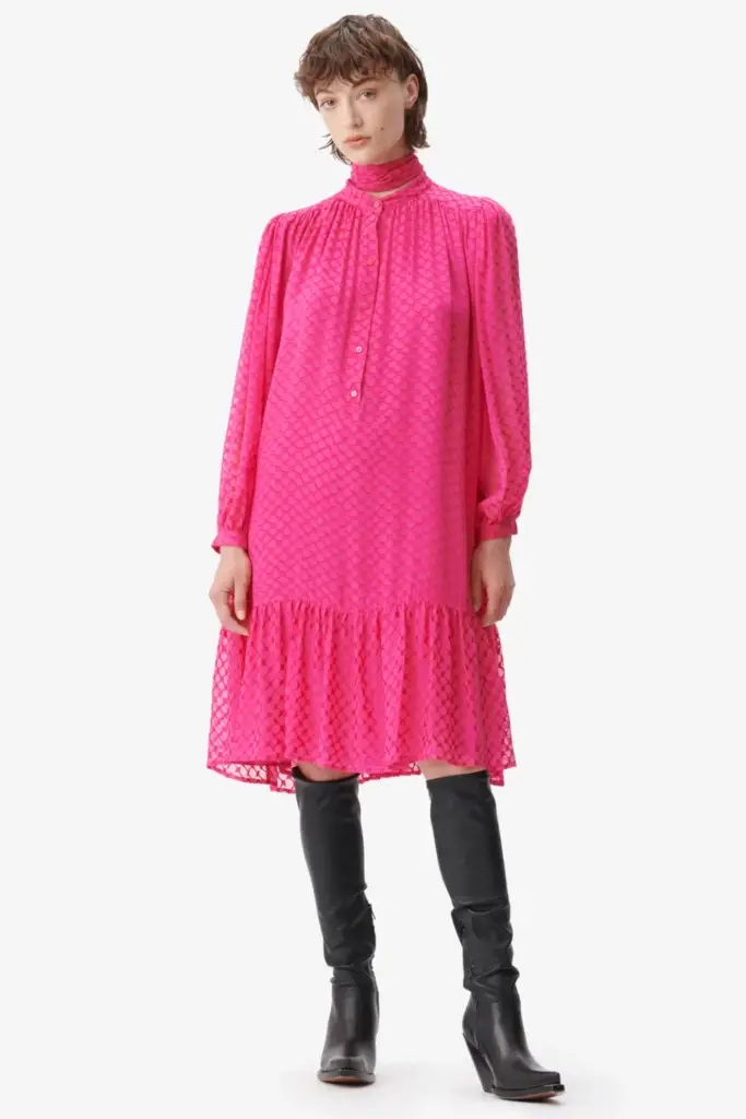 Lala Berlin Dress Day viscose/silk blend polka dot dragonfruit 2025
