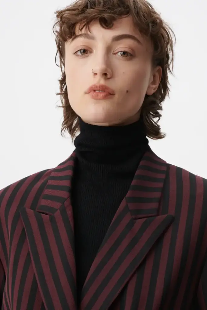 Lala Berlin Coat Odith polyester mix stripe fudge Fabrikpreis
